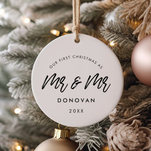 Modern Our First Christmas gay couple photo Ceramic Tree Decoration