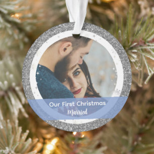 Modern Our First Christmas Married 2 Photos Ornament
