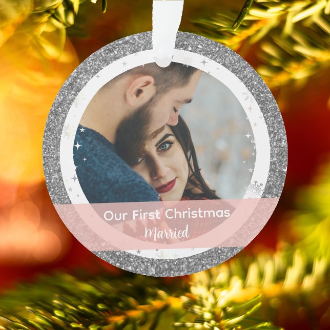 Modern Our First Christmas Married 2 Photos Ornament (Our First Christmas Together Married. Elegant Silver Glitter Christmas Ornament. 2 Photos Snowflakes)