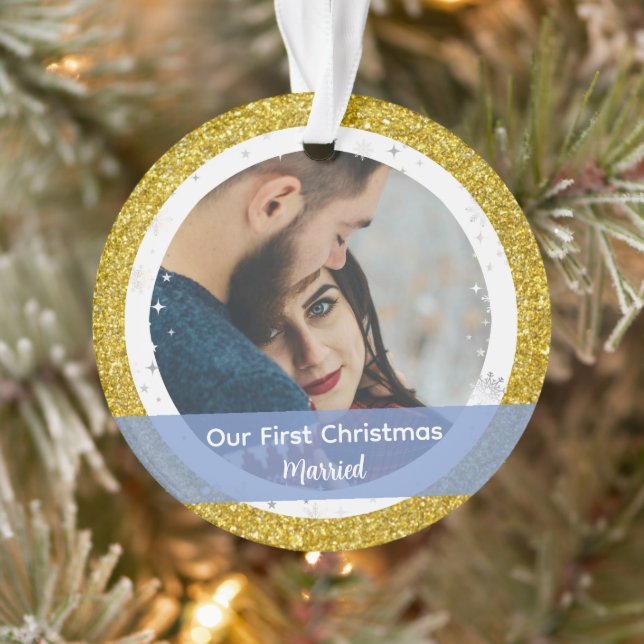 Modern Our First Christmas Married 2 Photos Ornament (Tree)