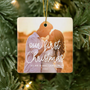 Modern Our First Christmas Married Couple Photo Ceramic Ornament