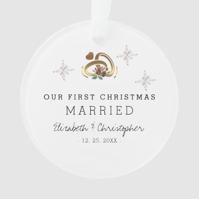 Modern Our First Christmas Married Photo Ceramic  Ornament (Front)