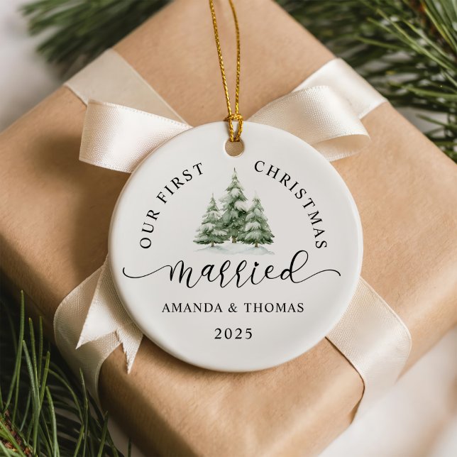 Modern Our First Christmas Married Photo Ceramic Tree Decoration (Creator Uploaded)