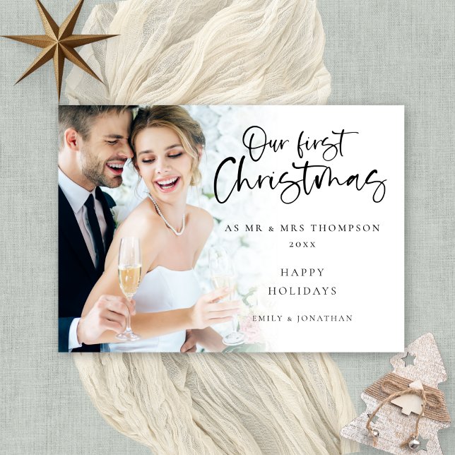 Modern Our First Christmas Mr Mrs Photo Holiday Card (Available digitally or printed)