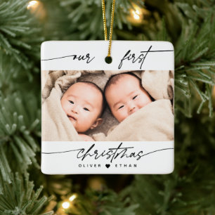 Modern Our First Christmas Photo New Parent Twins Ceramic Ornament