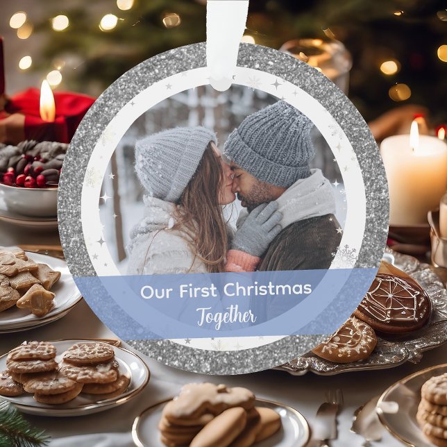 Modern Our First Christmas Together 2 Photos Ornament (Our First Christmas Together as a Couple. Elegant Silver Glitter Christmas Ornament. 2 Photos. Snow)
