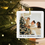 Modern Our First Christmas | Two Photos  Ceramic Ornament<br><div class="desc">Modern Our First Christmas | Two Photos</div>