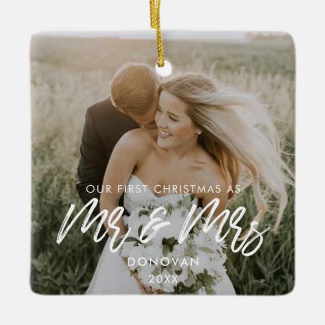 Modern Our First Christmas wedding photo Ceramic Ornament (Front)