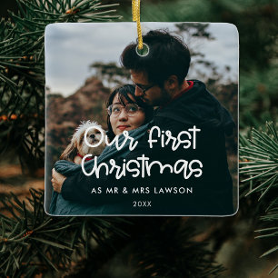 Modern Our First Christmas wedding photo Ceramic Ornament