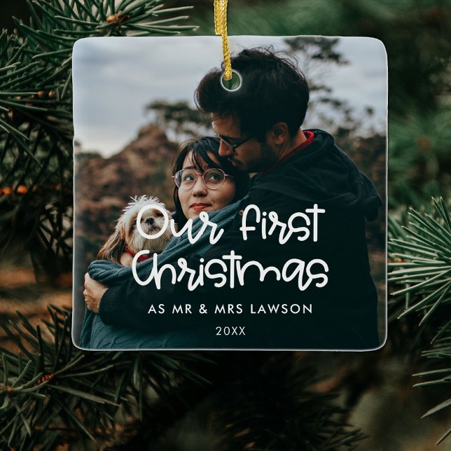 Modern Our First Christmas wedding photo Ceramic Ornament (Creator Uploaded)