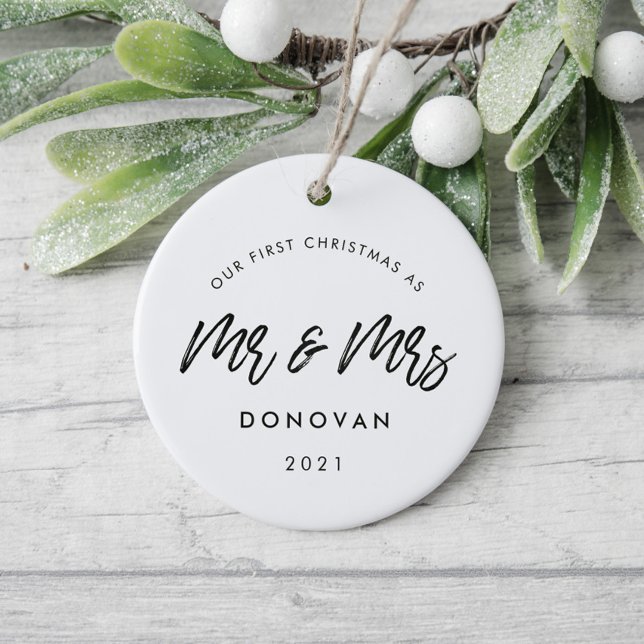 Modern Our First Christmas wedding photo Ceramic Tree Decoration (Creator Uploaded)