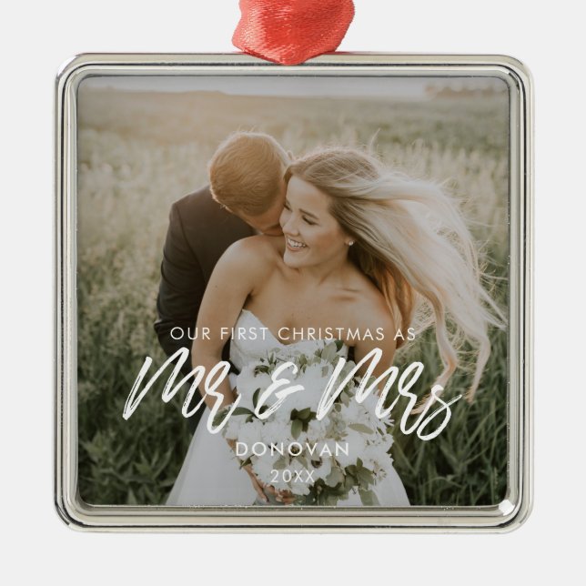 Modern Our First Christmas wedding photo Metal Tree Decoration (Front)