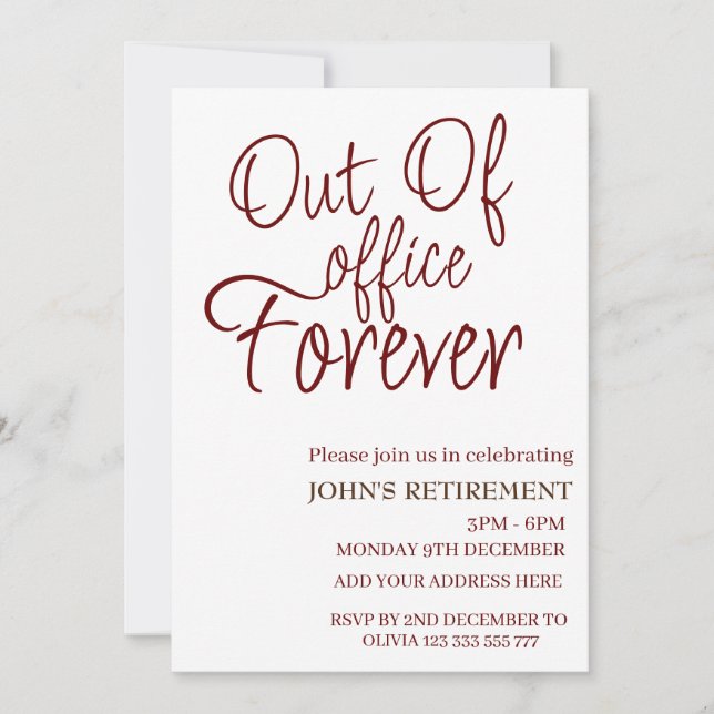 Modern Out of Office Forever Custom Fun Retirement Invitation (Front)