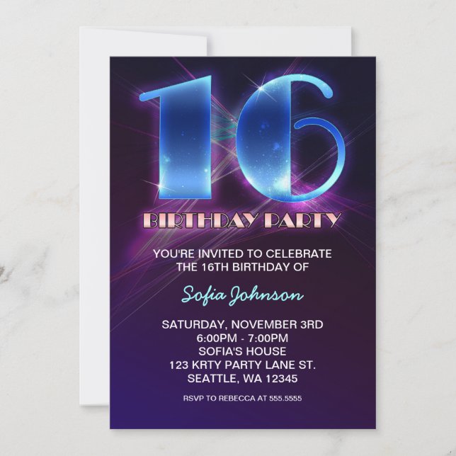 modern outstanding 16 birthday invitations (Front)