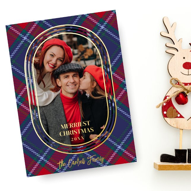 Modern Oval Blue Red Christmas Tartan Foto Family Foil Holiday Card (Creator Uploaded)