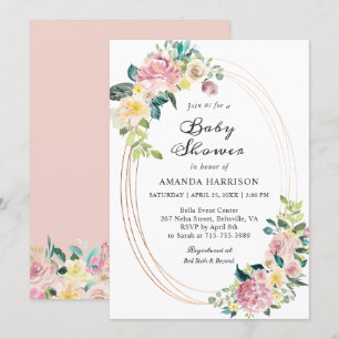 Modern Oval Frame Pastel Blush Floral Baby Shower Invitation