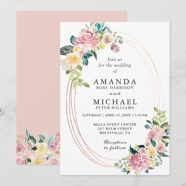 Modern Oval Frame Pastel Blush Floral Wedding Invitation (Front/Back)