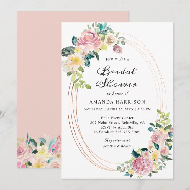 Modern Oval Frame Pastel Floral Bridal Shower Invitation (Front/Back)