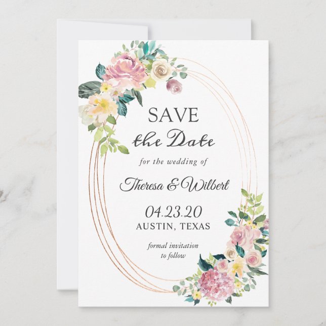 Modern Oval Frame Pastel Floral Save the Date (Front)