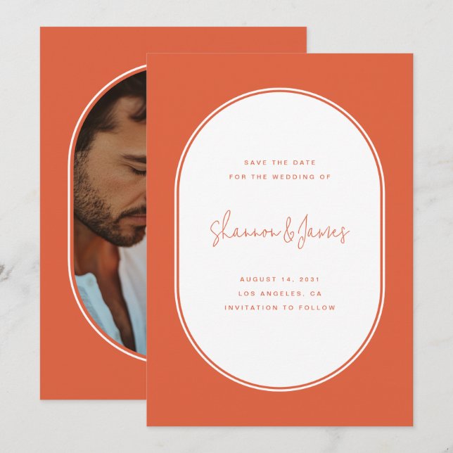 Modern Oval Frame Photo Sunset Orange Wedding Save The Date (Front/Back)