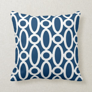Modern Oval Links Pattern in Navy Blue and White Cushion