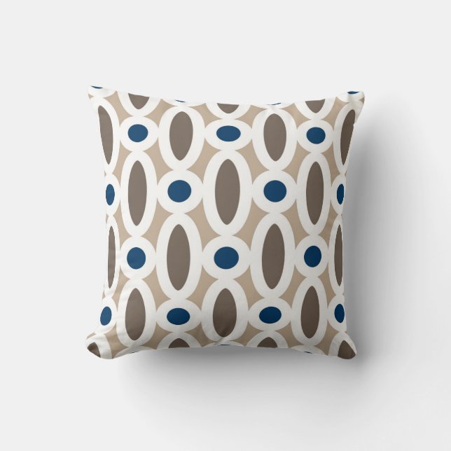 Modern Oval Links Pattern in Tan and Blue Cushion (Front)