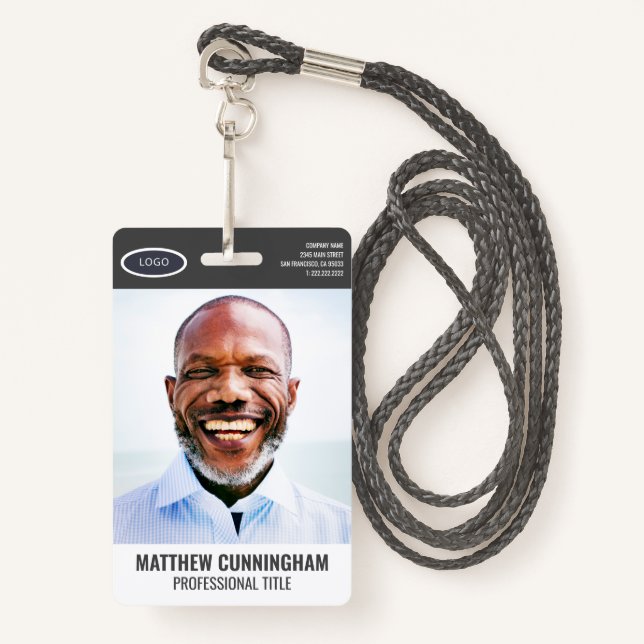 Modern Oval Logo  Employee Photo Name Barcode ID Badge (Front with Lanyard)