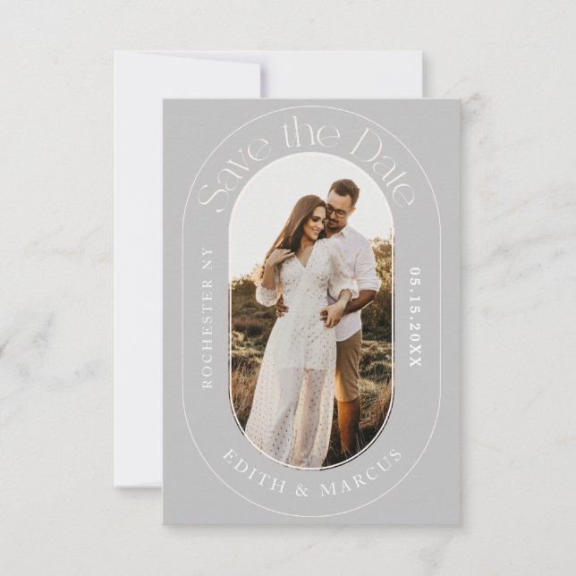 Modern Oval Photo Save the Date Grey (Front)