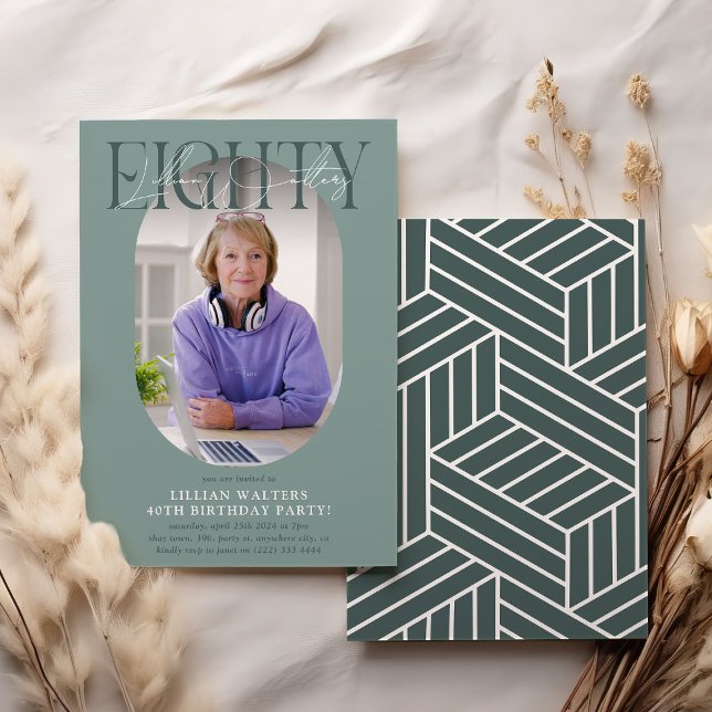 Modern Oval Photo & Signature 80th Birthday Invitation (Creator Uploaded)