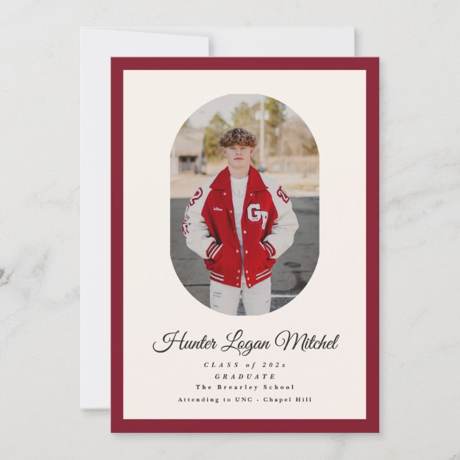 Modern Oval Red High School Photo Graduation Invitation (Front)