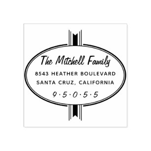 Modern Oval Ribbon Family Name Return Address Rubber Stamp