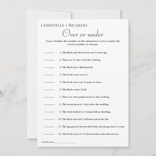 Modern Over or under bridal shower game  Announcement (Front)
