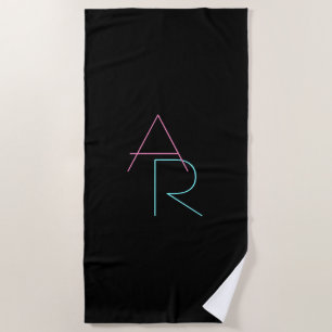 Modern Overlapping Initials Pink Turquoise Black Beach Towel