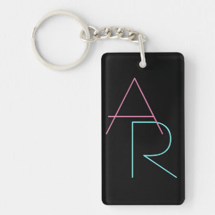 Modern Overlapping Initials Pink Turquoise Black Key Ring