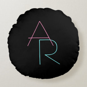 Modern Overlapping Initials Pink Turquoise Black Round Cushion