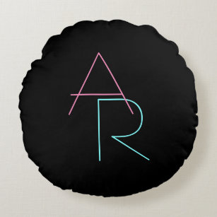 Modern Overlapping Initials   Pink Turquoise Black Round Cushion