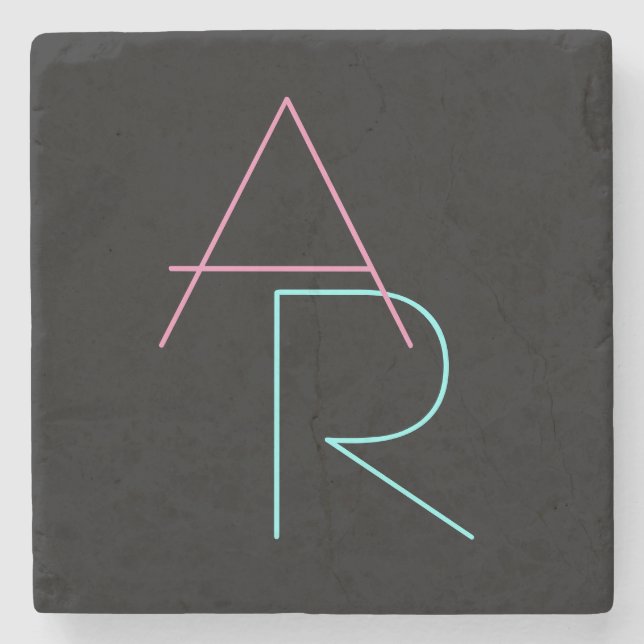 Modern Overlapping Initials | Pink Turquoise Black Stone Coaster (Front)