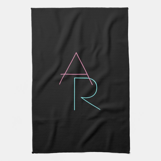 Modern Overlapping Initials | Pink Turquoise Black Tea Towel (Vertical)