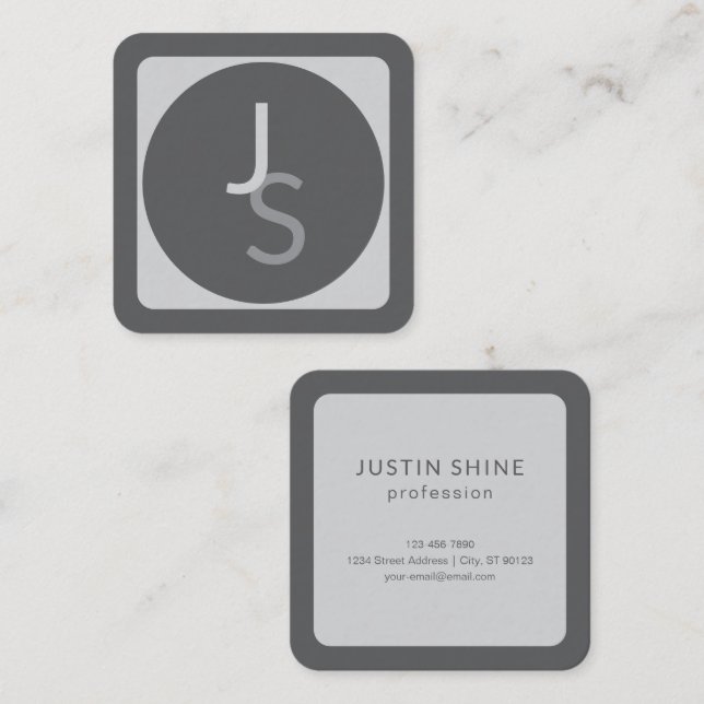 Modern Overlapping Monogrammed Initials | Grey Square Business Card (Front/Back)