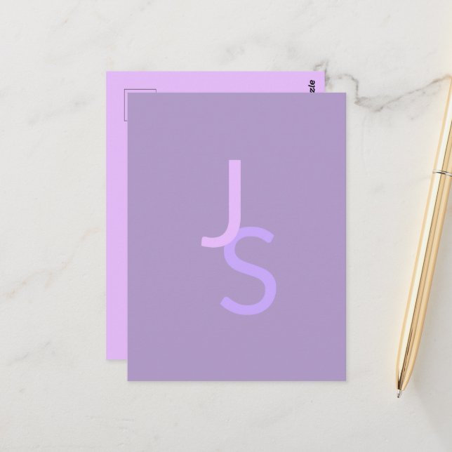 Modern Overlapping Monogrammed Initials | Purple Postcard (Front/Back In Situ)
