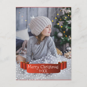 Modern Overlay Merry Christmas Photo Ribbon Holiday Postcard