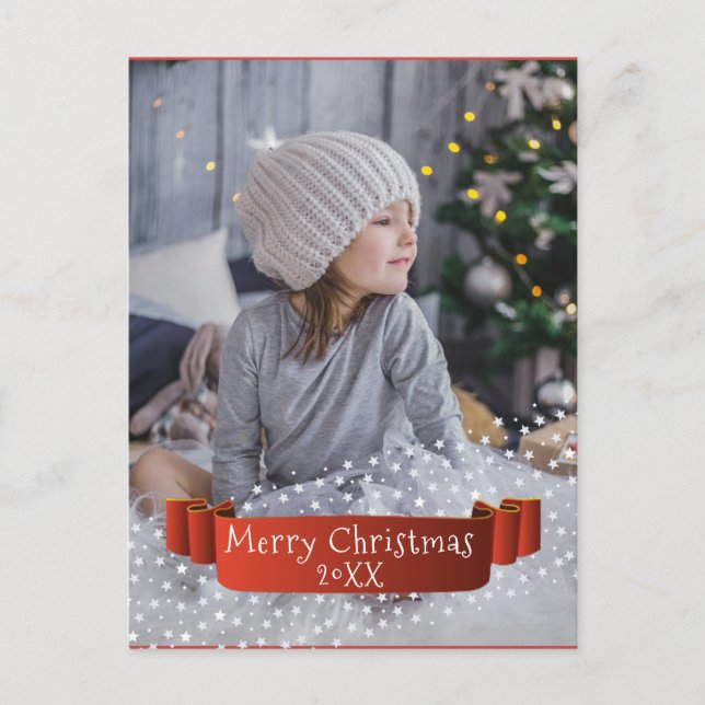 Modern Overlay Merry Christmas Photo Ribbon Holiday Postcard (Front)