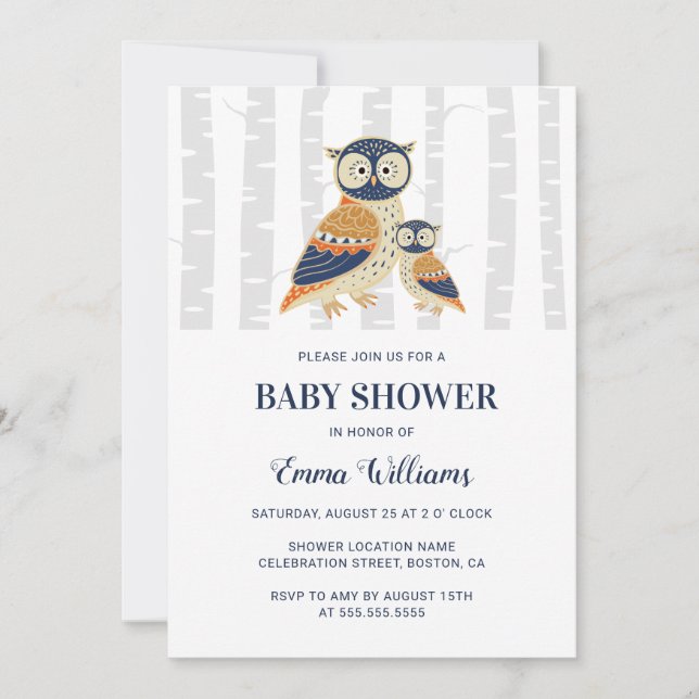 Modern Owl Baby Shower Invitation - Winter (Front)