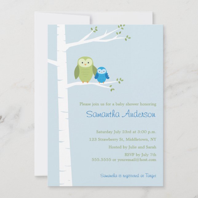 Modern Owl Birch Baby Shower Invitation - Boy (Front)