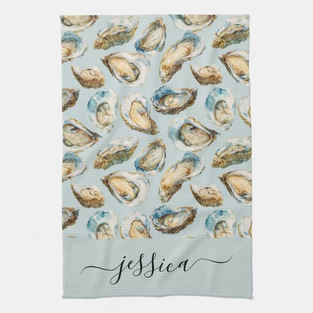 Modern oysters pattern script name tea towel (Vertical)