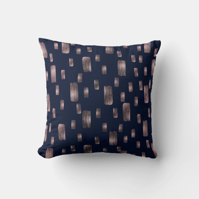 Modern Paint Brush Rose Gold & Navy Blue Sparkle Cushion (Front)