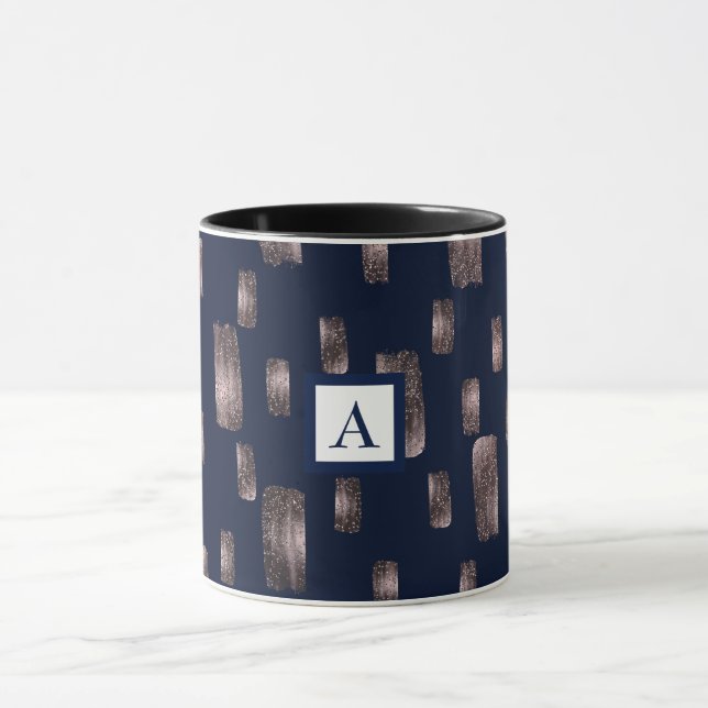 Modern Paint Brush Rose Gold & Navy Blue Sparkle Mug (Center)