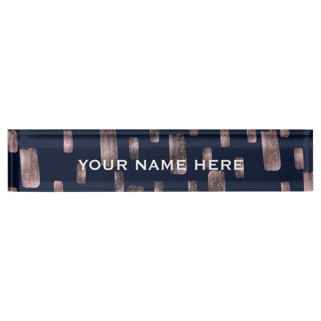Modern Paint Brush Rose Gold & Navy Blue Sparkle Nameplate (Front)