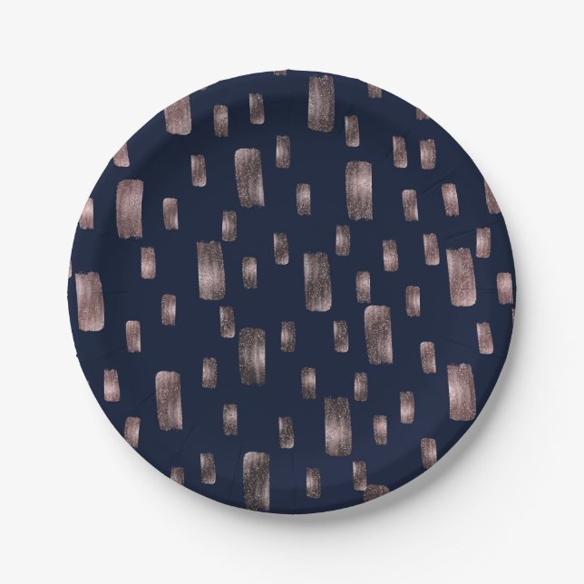 Modern Paint Brush Rose Gold & Navy Blue Sparkle Paper Plate (Front)