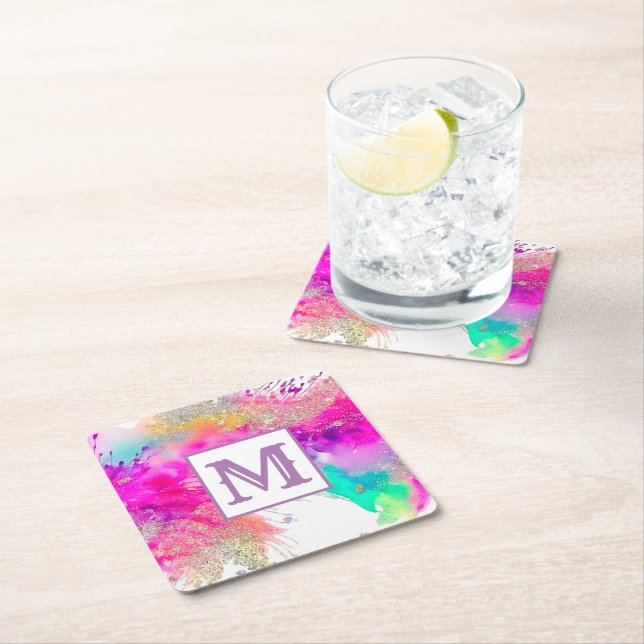 Modern Paint Splash Glitter Monogram Square Paper Coaster (Insitu)
